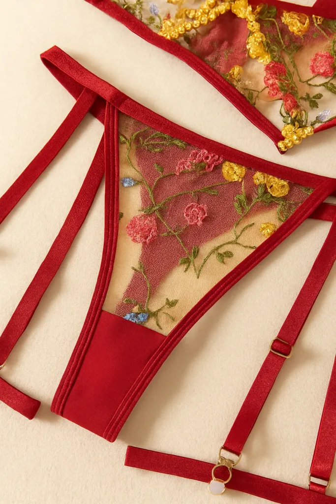 conjunto bordado con ligueros fenty rojo