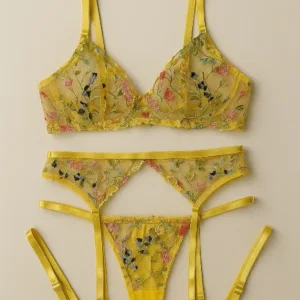 Conjunto bordado con liguero Fenty amarillo