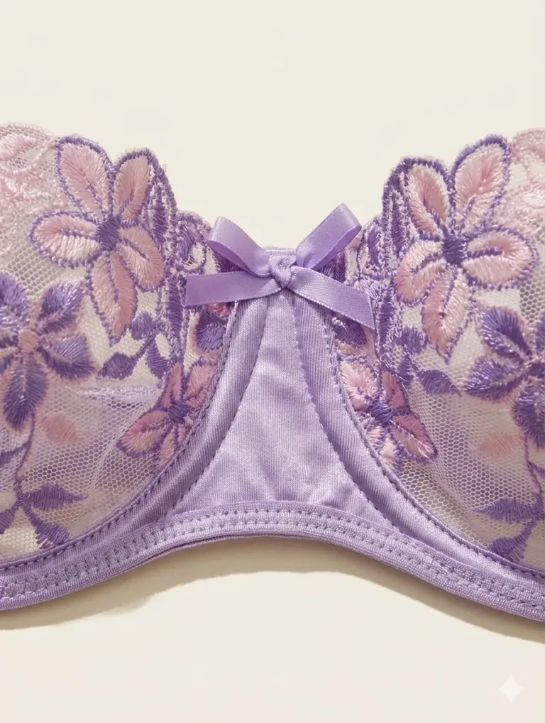 Brasier lila con bordados florales y transparencias colección Sofía
