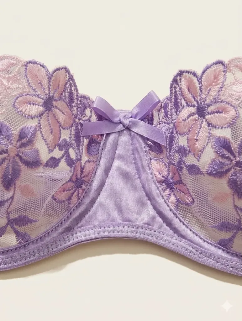 Brasier lila con bordados florales y transparencias colección Sofía