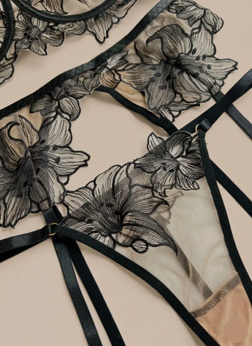 Conjunto de Lencería Nude con Bordado Floral Negro Chloe — imagen 3