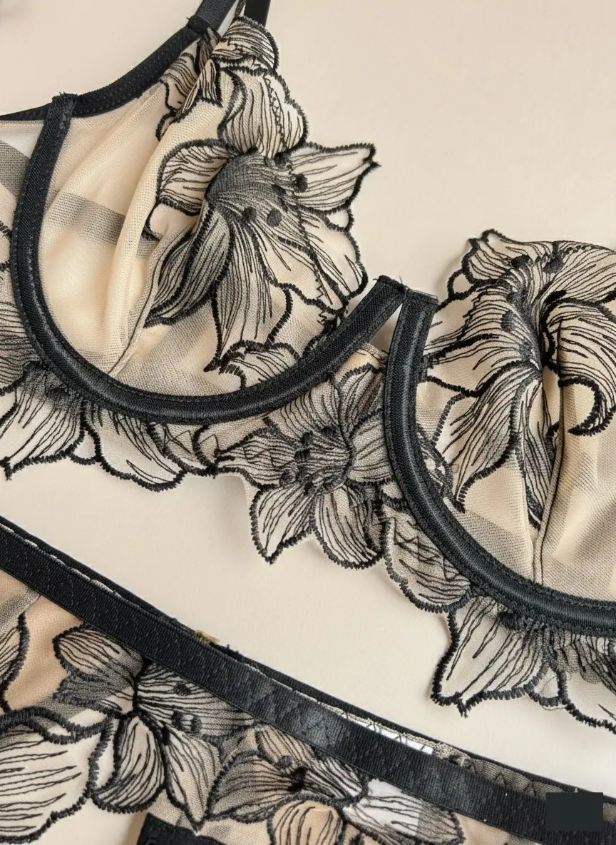 Conjunto de Lencería Nude con Bordado Floral Negro Chloe — imagen 4