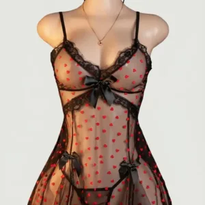 Baby doll de corazones Isabella en tul negro con tanga y diadema de orejas