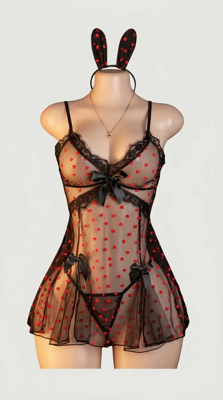 Baby doll de corazones Isabella en tul negro con tanga y diadema de orejas