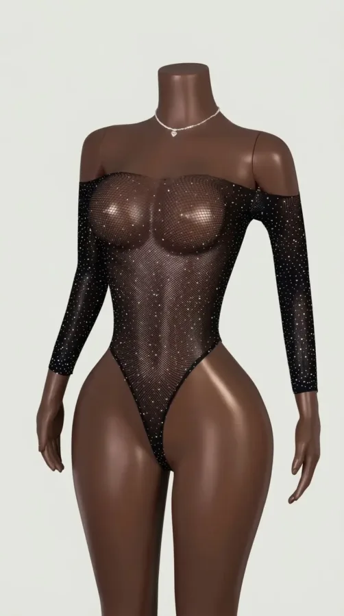 Body brillante de malla con manga larga
