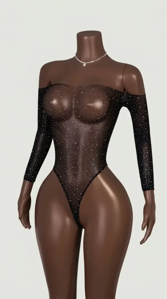 Body brillante de malla negra con manga larga y hombros descubiertos