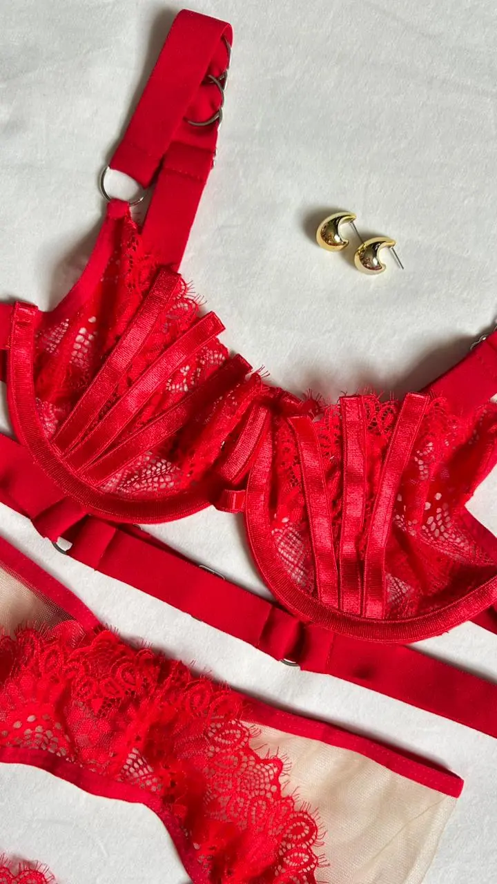 Brasier Thalia en encaje rojo con pliegues y tiras metálicas