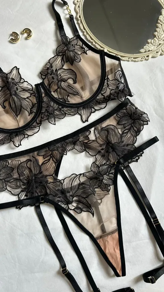 Detalle de bordado floral negro sobre malla nude semitransparente