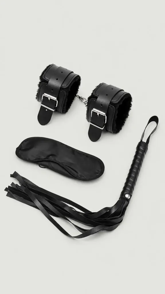 Kit de látigo, esposas y antifaz para parejas en color negro