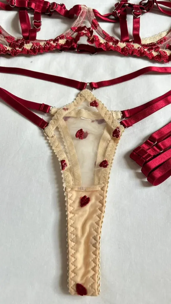 Tanga Anastasia con bordado corazones vino tinto sobre base nude