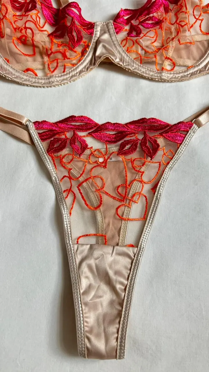 Tanga tipo hilo Serena con bordado multicolor y malla transparente